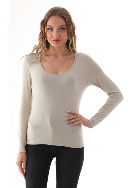 Kadın Viskon Dekolte Yaka Slim Fit Tişört-Bej