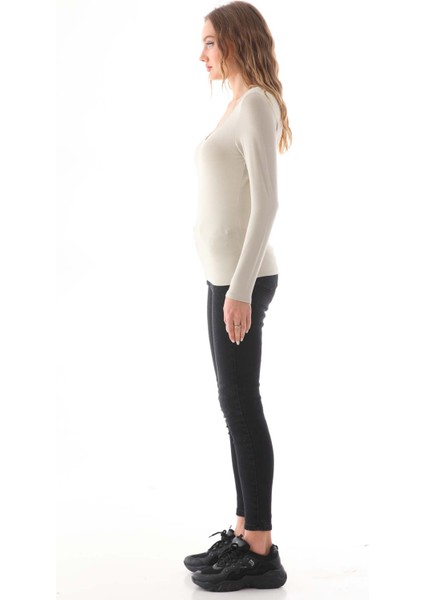 Kadın Viskon Dekolte Yaka Slim Fit Tişört-Bej modelleri