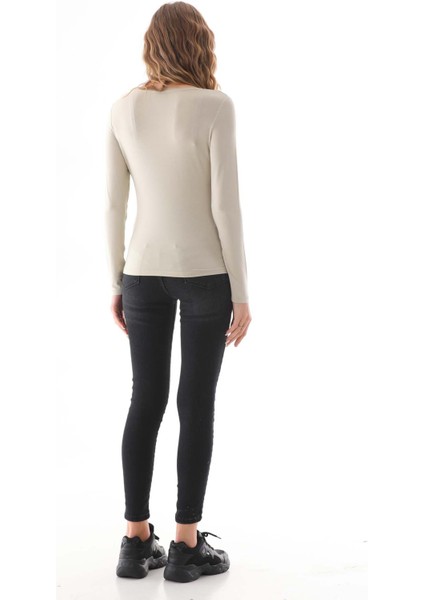 Kadın Viskon Dekolte Yaka Slim Fit Tişört-Bej fırsatları
