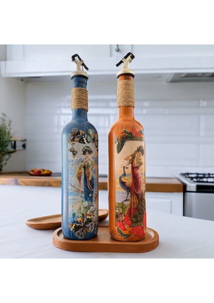 Özel Tasarım Kadın Figürlü Ahşap Stantlı 2'li 750 ml Zeytinyağı Sıvıyağ Şişesi Yağdanlık Yağlık