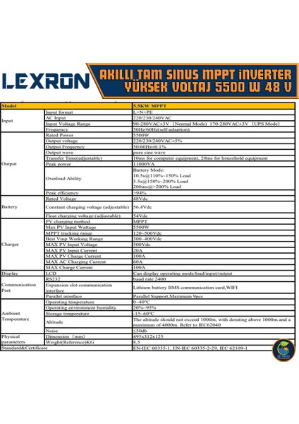 Akıllı Tam Sınus MPPT Yüksek Voltaj 6200 Watt 48 Volt İnverter - 6.2kw 48v - Paralellenebilir