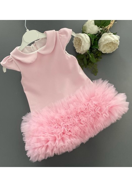 Pembe Bebe Yaka Tül Detaylı Kız Çocuk Elbisesi