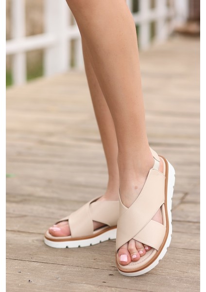Hakiki Deri Önü Ve Arkası Açık İnce Tabanlı Çapraz Bantlı Ortopedik Kadın Sandalet Terlik