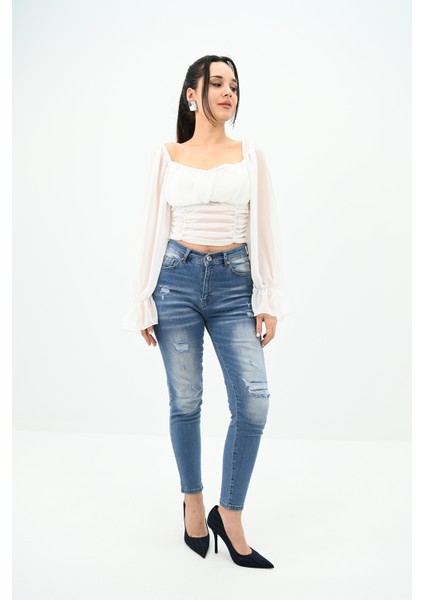 Kadın Şifon Crop Bluz 1734-24