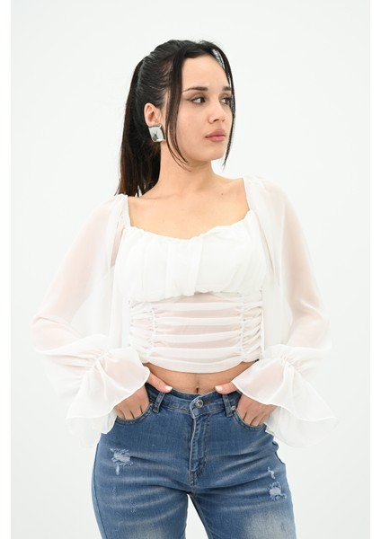 Kadın Şifon Crop Bluz 1734-24