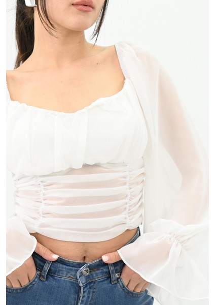 Kadın Şifon Crop Bluz 1734-24