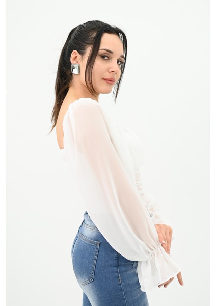 Kadın Şifon Crop Bluz 1734-24