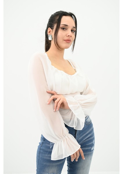 Kadın Şifon Crop Bluz 1734-24
