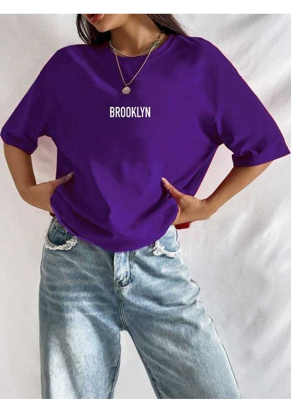 Brooklyn Baskılı Bisiklet Yaka T-Shirt