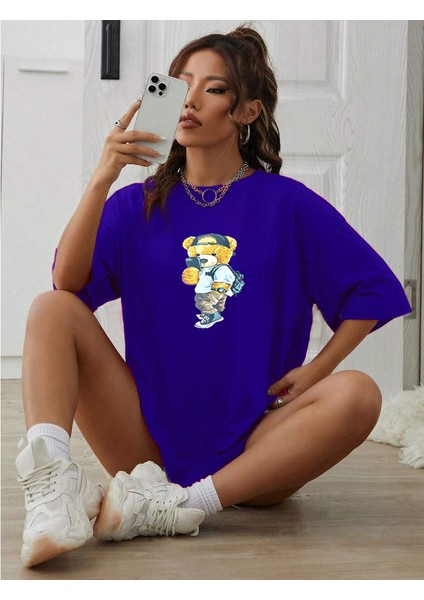 Peluş Ayı Baskılı Bisiklet Yaka Tshirt