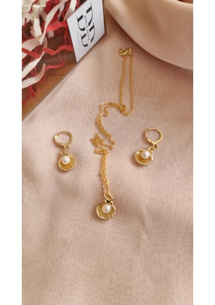 Kadın Gold Kaplama Detaylı Istiridye Inci Kolye - Küpe 2'li Set