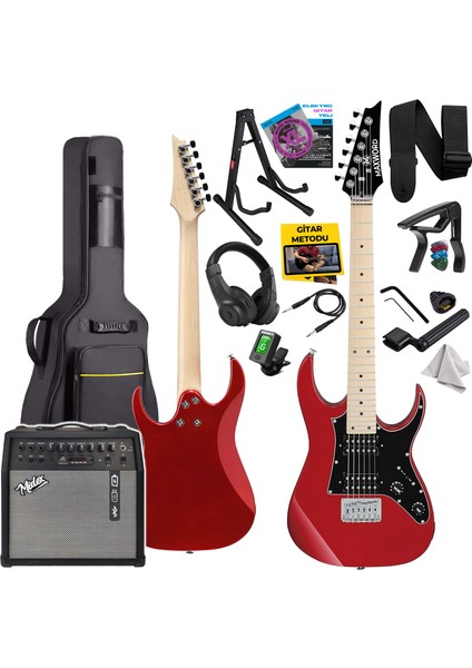 DE-150RD-50AMP Maple Klavye HH Yüksek Kaliteli 50 W Amfili Elektro Gitar Seti