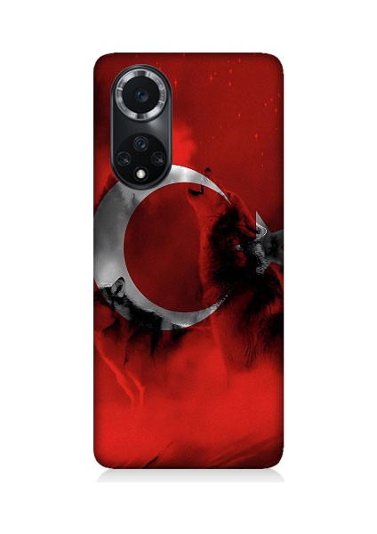 Huawei Nova 9 Uyumlu Türk Bayrağı ve Kurt Desenli Silikon Kılıf
