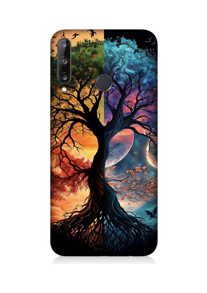 Huawei P40 Lite E Uyumlu Dört Mevsim Gece Gündüz Ağaç Desenli Silikon Kılıf