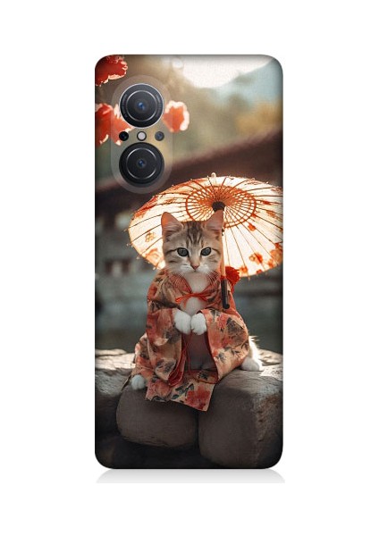 Huawei Nova 9 Se Uyumlu Geyşa Kıyafetli Kedi Desenli Silikon Kılıf
