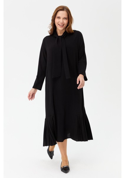 Büyük Beden Yaka Fularlı Elbise-SİYAH fiyatları