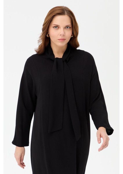 Büyük Beden Yaka Fularlı Elbise-SİYAH modelleri