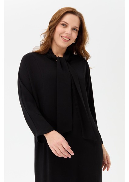 Büyük Beden Yaka Fularlı Elbise-SİYAH fırsatları