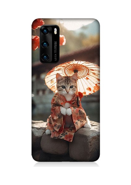 Huawei P40 Uyumlu Geyşa Kıyafetli Kedi Desenli Silikon Kılıf