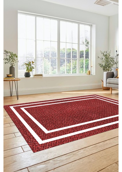 Jüt-Hasır Desenli Dijital Baskı Kaymaz Yıkanabilir Yolluk Koridor Salon Halısı, Jüt-12-Kırmızı,