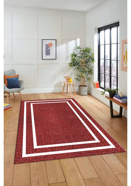 Jüt-Hasır Desenli Dijital Baskı Kaymaz Yıkanabilir Yolluk Koridor Salon Halısı, Jüt-12-Kırmızı,
