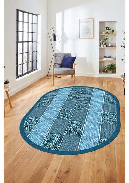 Dijital Kaymaz Yıkanabilir Jüt-Hasır Desenli Oval Mutfak Yolluk Salon Halısı, O-Jüt-02-Mavi,