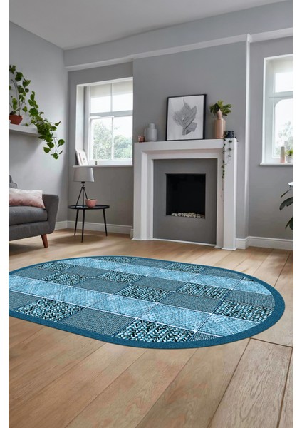Dijital Kaymaz Yıkanabilir Jüt-Hasır Desenli Oval Mutfak Yolluk Salon Halısı, O-Jüt-02-Mavi, fırsatları