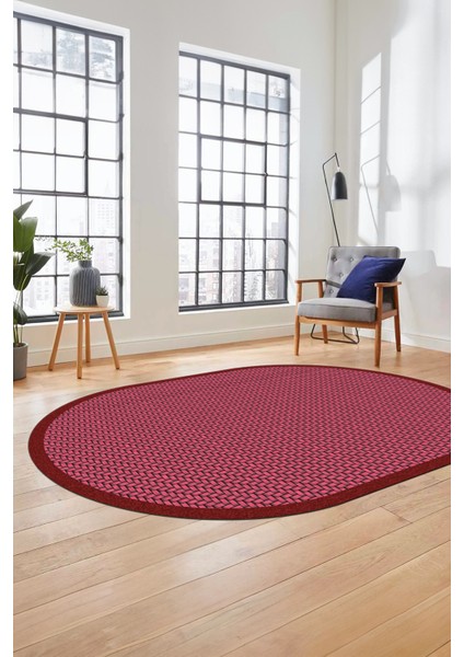 Dijital Kaymaz Yıkanabilir Jüt-Hasır Desen Oval Mutfak Yolluk Salon Halısı, O-Jüt-03-Kırmızı,