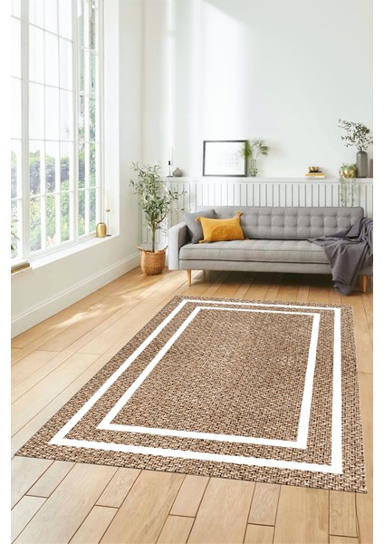 Jüt-Hasır Desenli Dijital Baskı Kaymaz Yıkanabilir Yolluk Koridor Salon Halısı, Jüt-12-Kahve,