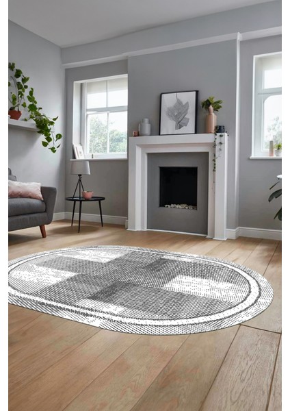 Jüt Desenli Dijital Kaymaz Yıkanabilir Oval Mutfak Yolluk Koridor Salon Halısı, O-Jüt-11-Gri,