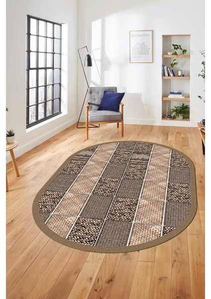 Dijital Kaymaz Yıkanabilir Jüt-Hasır Desenli Oval Mutfak Yolluk Salon Halısı, O-Jüt-02-Kahve,
