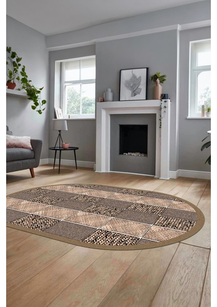Dijital Kaymaz Yıkanabilir Jüt-Hasır Desenli Oval Mutfak Yolluk Salon Halısı, O-Jüt-02-Kahve, fırsatları