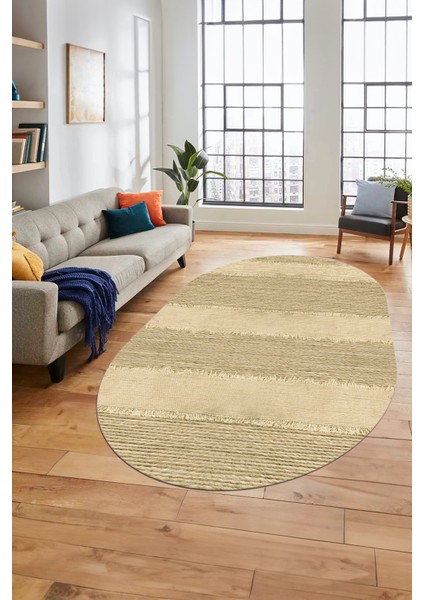 Jüt Desenli Dijital Kaymaz Yıkanabilir Modern Oval Yolluk Koridor Salon Halısı, O-Jüt-13-Krem,