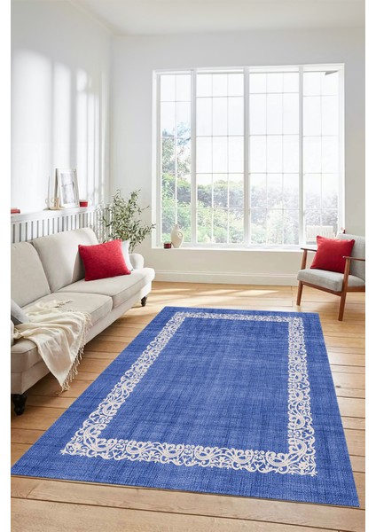 Dijital Baskılı Kaymaz Yıkanabilir Jüt-Hasır Desen Mutfak Yolluk Salon Halısı, Jüt-04-Mavi,