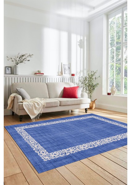 Dijital Baskılı Kaymaz Yıkanabilir Jüt-Hasır Desen Mutfak Yolluk Salon Halısı, Jüt-04-Mavi,
