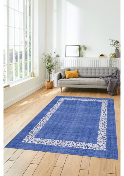 Dijital Baskılı Kaymaz Yıkanabilir Jüt-Hasır Desen Mutfak Yolluk Salon Halısı, Jüt-04-Mavi,