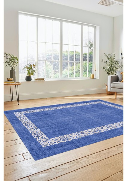 Dijital Baskılı Kaymaz Yıkanabilir Jüt-Hasır Desen Mutfak Yolluk Salon Halısı, Jüt-04-Mavi,