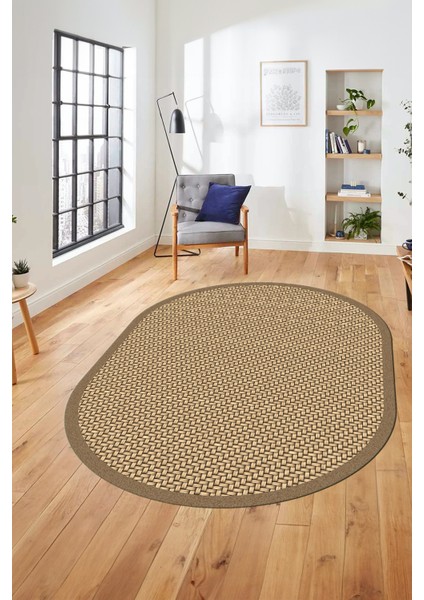 Dijital Kaymaz Yıkanabilir Jüt-Hasır Desen Oval Mutfak Yolluk Salon Halısı, O-Jüt-03-Kahve,
