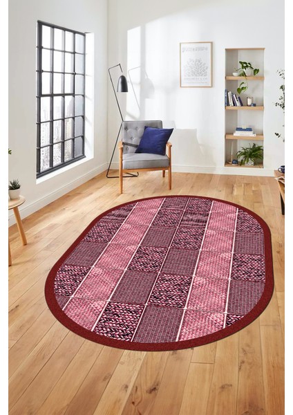 Dijital Kaymaz Yıkanabilir Jüt-Hasır Desenli Oval Mutfak Yolluk Salon Halısı, O-Jüt-02-Kırmızı,