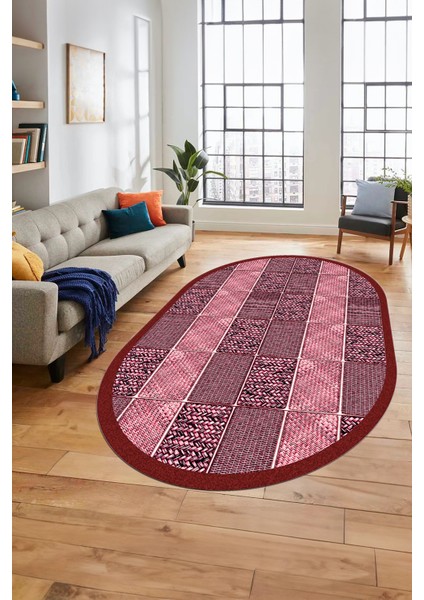 Dijital Kaymaz Yıkanabilir Jüt-Hasır Desenli Oval Mutfak Yolluk Salon Halısı, O-Jüt-02-Kırmızı, indirimleri