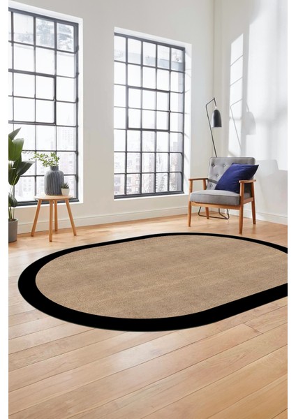 Dijital Kaymaz Yıkanabilir Jüt-Hasır Tasarım Oval Mutfak Yolluk Salon Halısı, O-Jüt-06-Kahve,