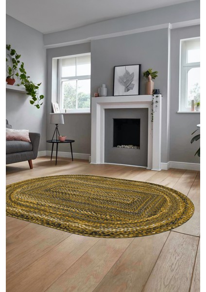 Dijital Kaymaz Yıkanabilir Şık Jüt-Hasır Desen Oval Mutfak Yolluk Salon Halısı, O-Jüt-05-Kahve,