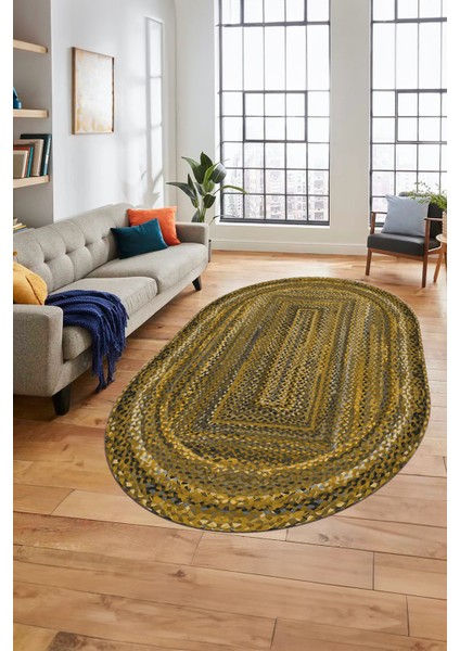 Dijital Kaymaz Yıkanabilir Şık Jüt-Hasır Desen Oval Mutfak Yolluk Salon Halısı, O-Jüt-05-Kahve,