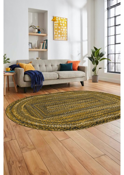 Dijital Kaymaz Yıkanabilir Şık Jüt-Hasır Desen Oval Mutfak Yolluk Salon Halısı, O-Jüt-05-Kahve,