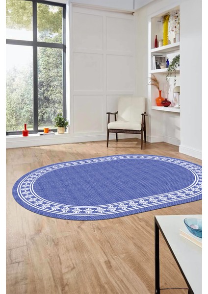 Çerçeveli Jüt-Hasır Desen Kaymaz Yıkanabilir Modern Oval Yolluk Salon Halısı, O-Jüt-20-Mavi,