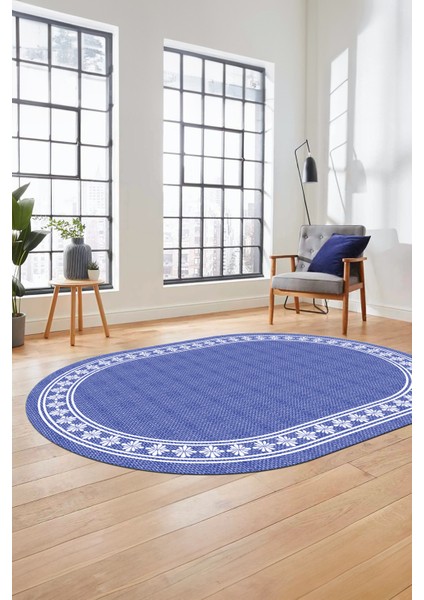 Çerçeveli Jüt-Hasır Desen Kaymaz Yıkanabilir Modern Oval Yolluk Salon Halısı, O-Jüt-20-Mavi, modelleri