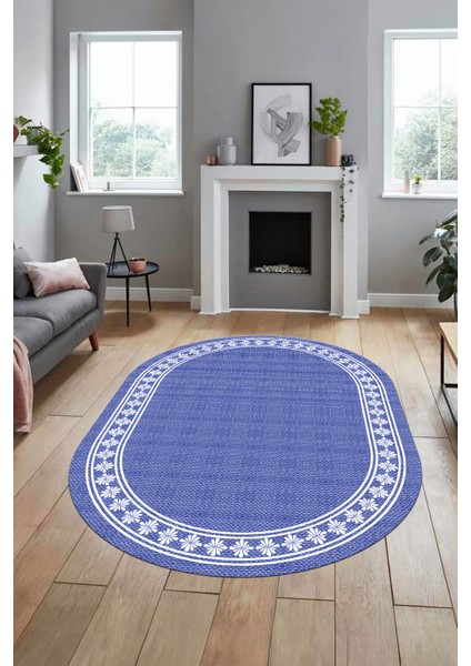 Çerçeveli Jüt-Hasır Desen Kaymaz Yıkanabilir Modern Oval Yolluk Salon Halısı, O-Jüt-20-Mavi, fırsatları