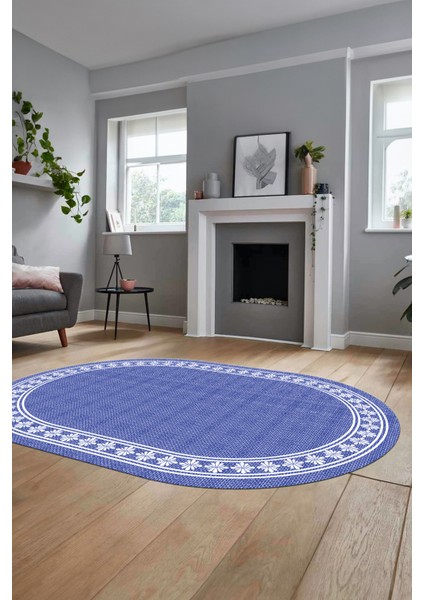 Çerçeveli Jüt-Hasır Desen Kaymaz Yıkanabilir Modern Oval Yolluk Salon Halısı, O-Jüt-20-Mavi, indirimleri