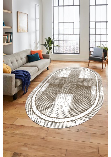 Jüt Desenli Dijital Kaymaz Yıkanabilir Oval Mutfak Yolluk Koridor Salon Halısı, O-Jüt-11-Vizon,