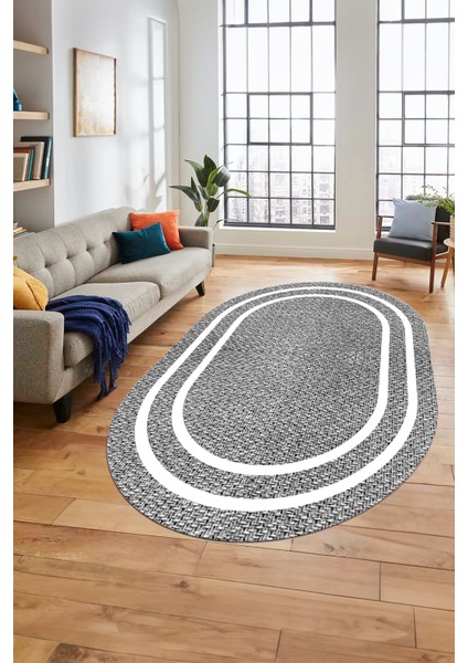Jüt-Hasır Desen Dijital Baskı Kaymaz Yıkanabilir Oval Yolluk Koridor Salon Halısı, O-Jüt-12-Gri,